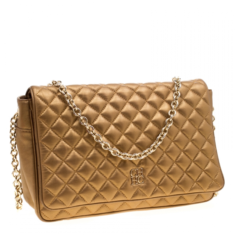Pre Owned Carolina Herrera Gold Quilted Leather Flap Chain Shoulder Bag