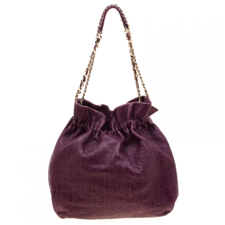 Pre Owned Carolina Herrera Burgandy Embossed Leather Bow Bucket Shoulder Bag