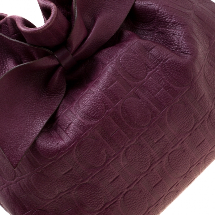 Pre Owned Carolina Herrera Burgandy Embossed Leather Bow Bucket Shoulder Bag