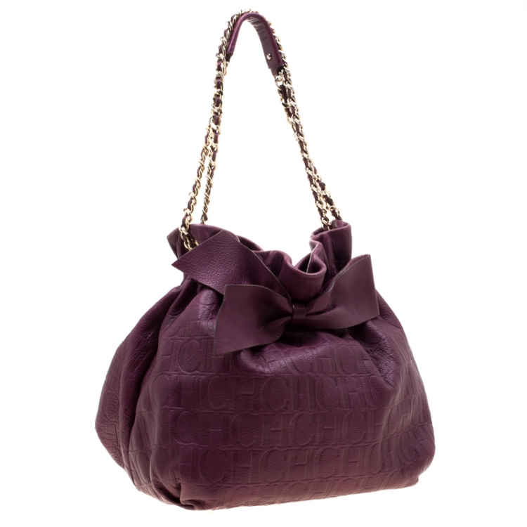 Pre Owned Carolina Herrera Burgandy Embossed Leather Bow Bucket Shoulder Bag