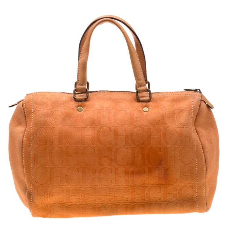 Pre Owned Carolina Herrera Orange Monogram Leather Large Andy Boston Bag