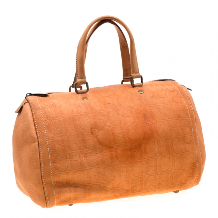 Pre Owned Carolina Herrera Orange Monogram Leather Large Andy Boston Bag