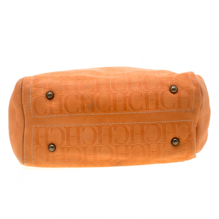 Pre Owned Carolina Herrera Orange Monogram Leather Large Andy Boston Bag
