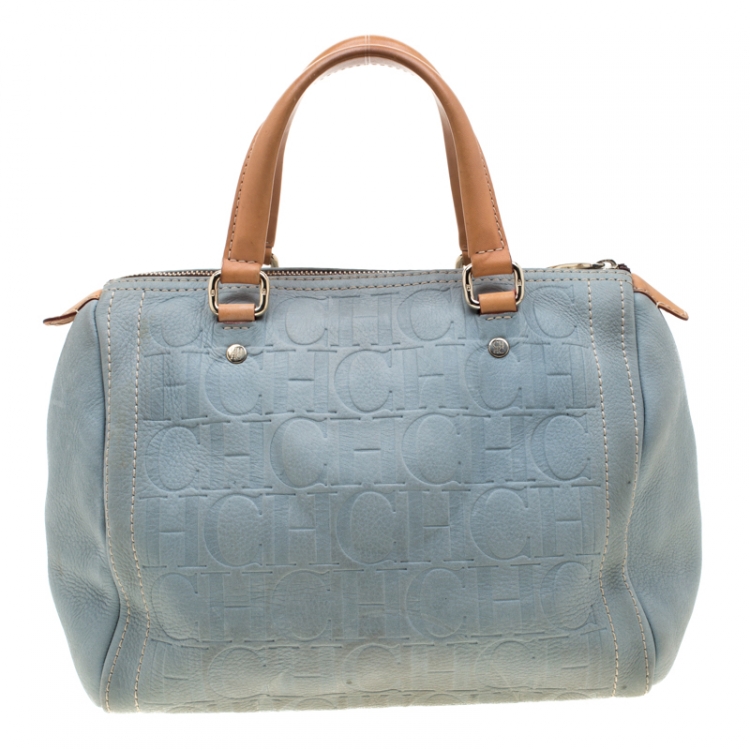 Pre Owned Carolina Herrera Light Blue Monogram Leather Andy Boston Bag