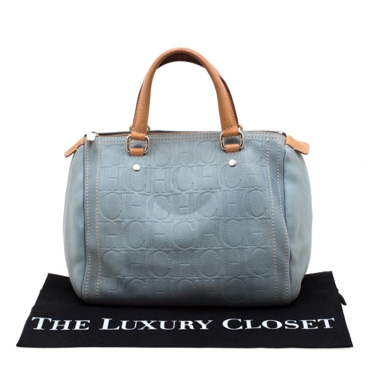 Pre Owned Carolina Herrera Light Blue Monogram Leather Andy Boston Bag