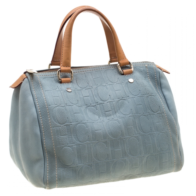 Pre Owned Carolina Herrera Light Blue Monogram Leather Andy Boston Bag