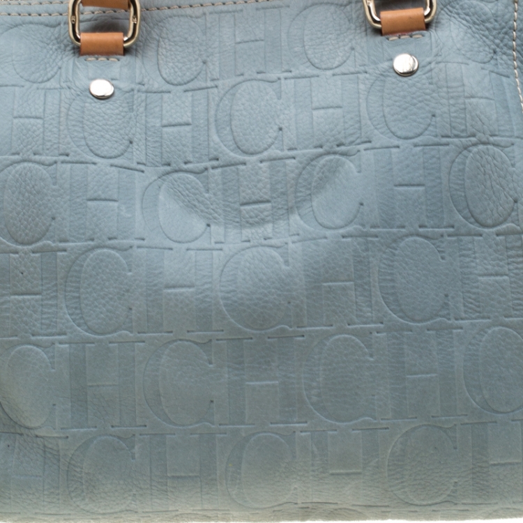 Pre Owned Carolina Herrera Light Blue Monogram Leather Andy Boston Bag