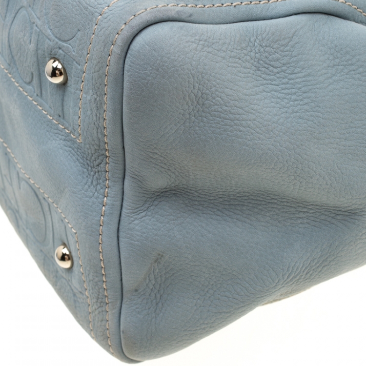Pre Owned Carolina Herrera Light Blue Monogram Leather Andy Boston Bag