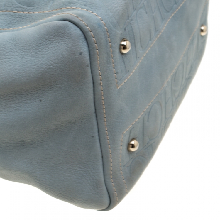 Pre Owned Carolina Herrera Light Blue Monogram Leather Andy Boston Bag
