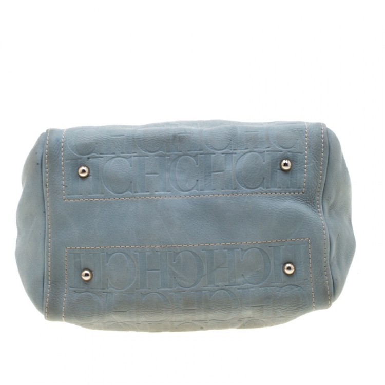 Pre Owned Carolina Herrera Light Blue Monogram Leather Andy Boston Bag