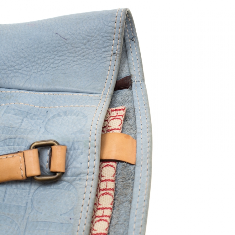 Pre Owned Carolina Herrera Light Blue Monogram Leather Andy Tote