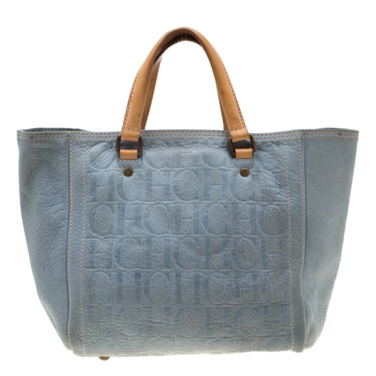 Pre Owned Carolina Herrera Light Blue Monogram Leather Andy Tote