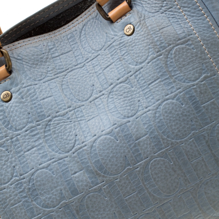 Pre Owned Carolina Herrera Light Blue Monogram Leather Andy Tote