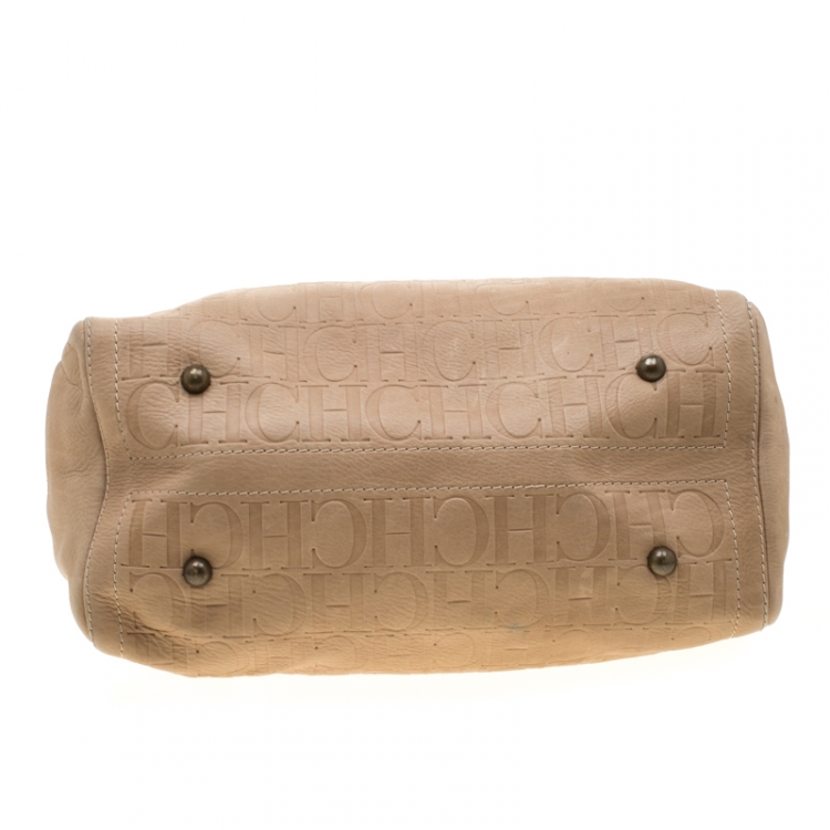 Pre Owned Carolina Herrera Beige Monogram Leather Andy Boston Bag