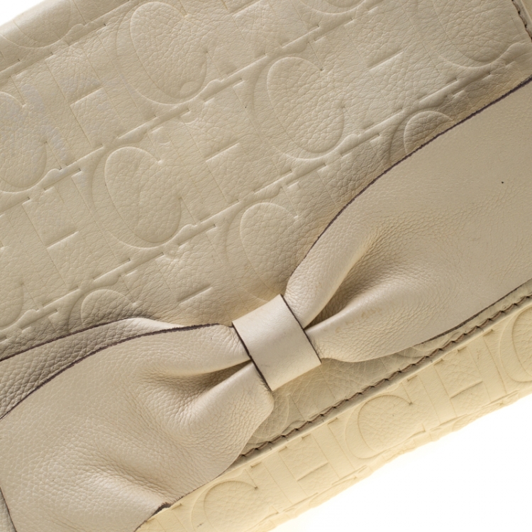 Pre Owned Carolina Herrera Cream Monogram Leather Audrey Shoulder Bag