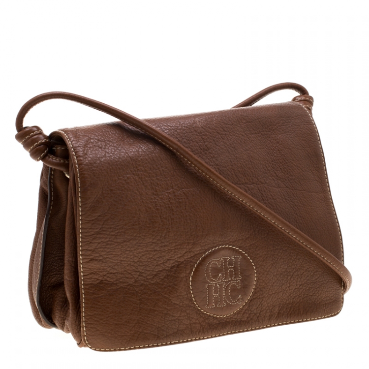 Pre Owned Carolina Herrera Brown Leather Flap Shoulder Bag