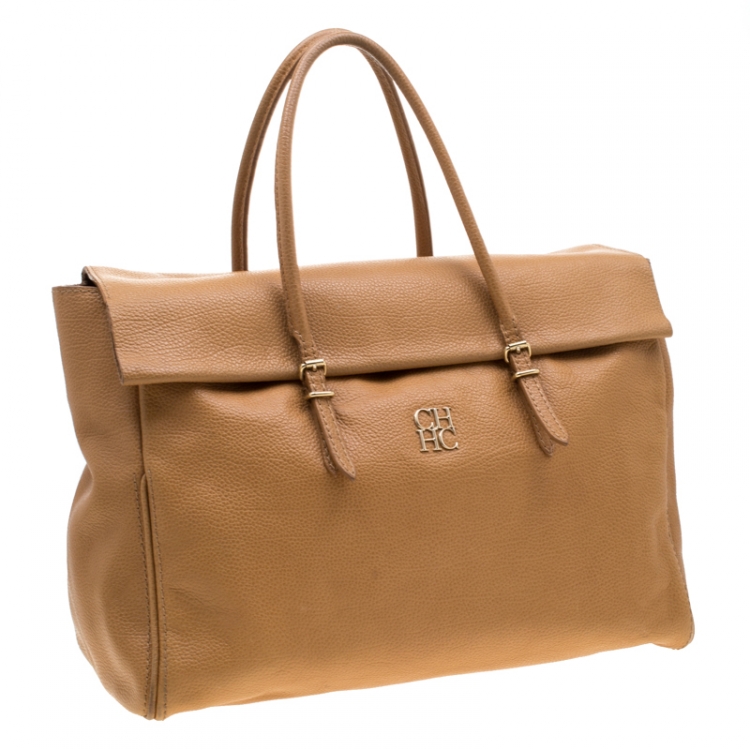 Pre Owned Carolina Herrera Brown Leather Flap Tote