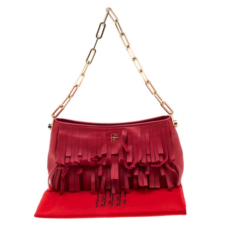 Pre Owned Carolina Hererra Red Leather Fringe Chain Shoulder Bag