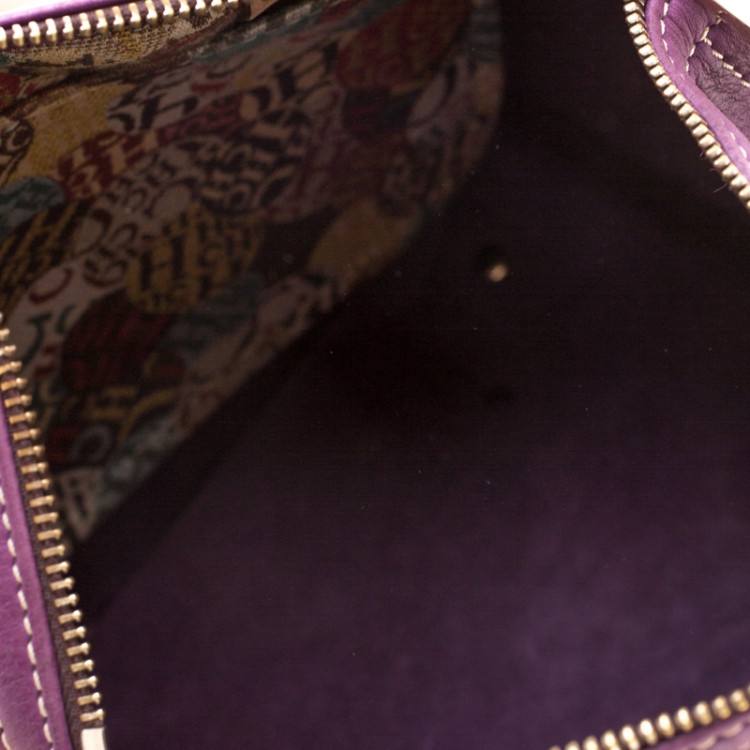 Pre Owned Carolina Herrera Purple Leather Monogram Embossed Andy Boston Bag
