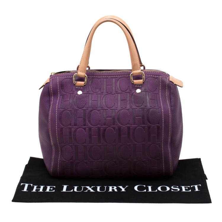 Pre Owned Carolina Herrera Purple Leather Monogram Embossed Andy Boston Bag