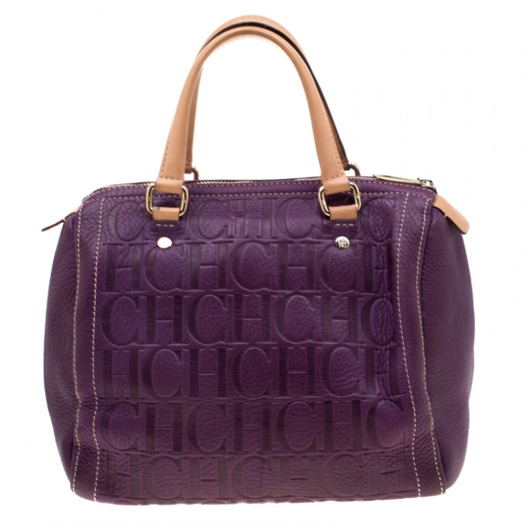Pre Owned Carolina Herrera Purple Leather Monogram Embossed Andy Boston Bag