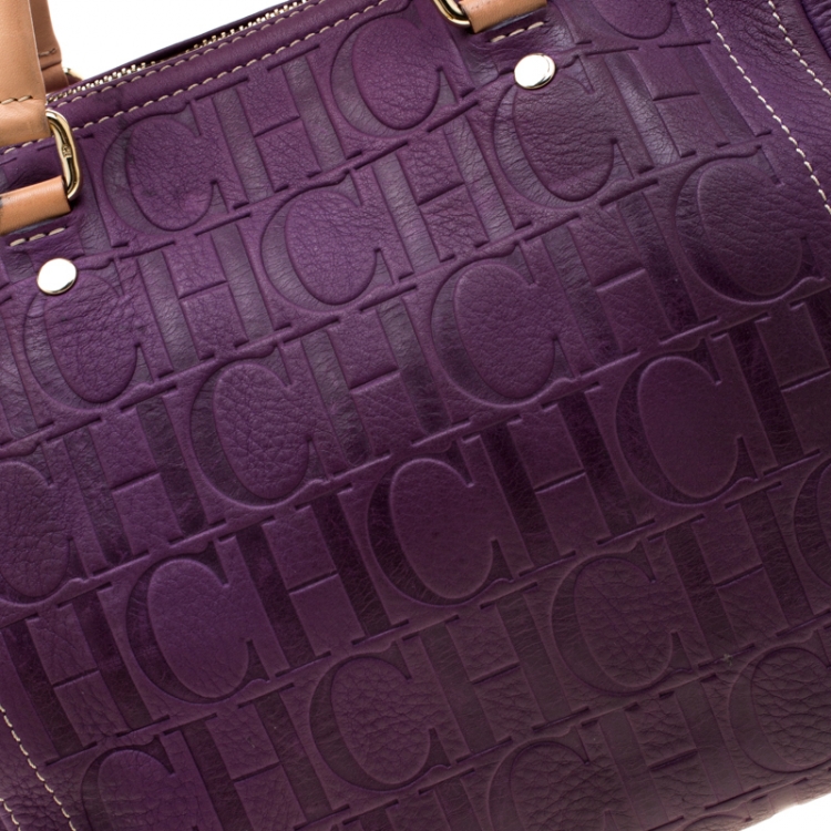 Pre Owned Carolina Herrera Purple Leather Monogram Embossed Andy Boston Bag