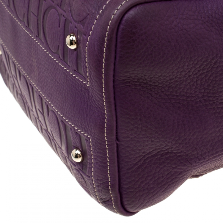 Pre Owned Carolina Herrera Purple Leather Monogram Embossed Andy Boston Bag