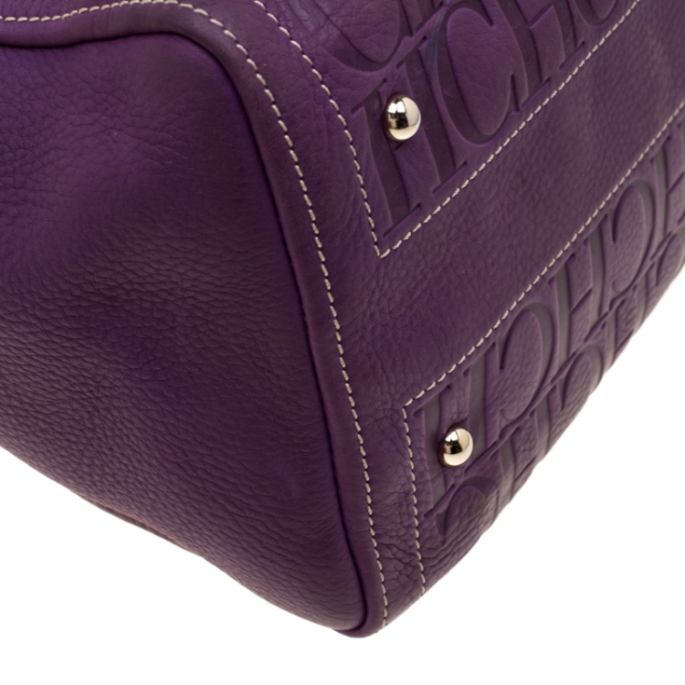 Pre Owned Carolina Herrera Purple Leather Monogram Embossed Andy Boston Bag