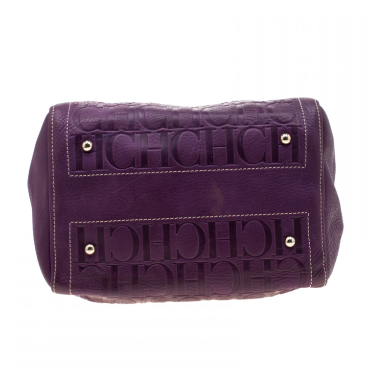 Pre Owned Carolina Herrera Purple Leather Monogram Embossed Andy Boston Bag