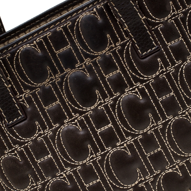 Pre Owned Carolina Herrera Dark Brown Signature Leather Tote