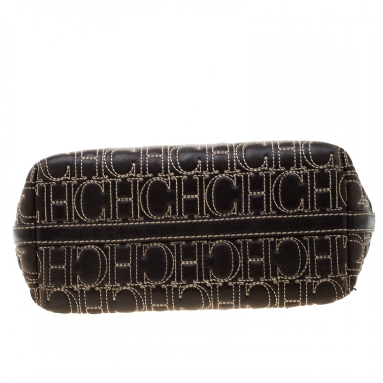 Pre Owned Carolina Herrera Dark Brown Signature Leather Tote