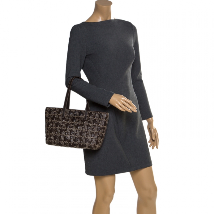 Pre Owned Carolina Herrera Dark Brown Signature Leather Tote