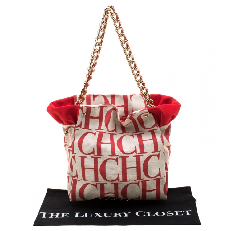 Pre Owned Carolina Herrera White/Red Canvas Bucket Chain Shoulder Bag