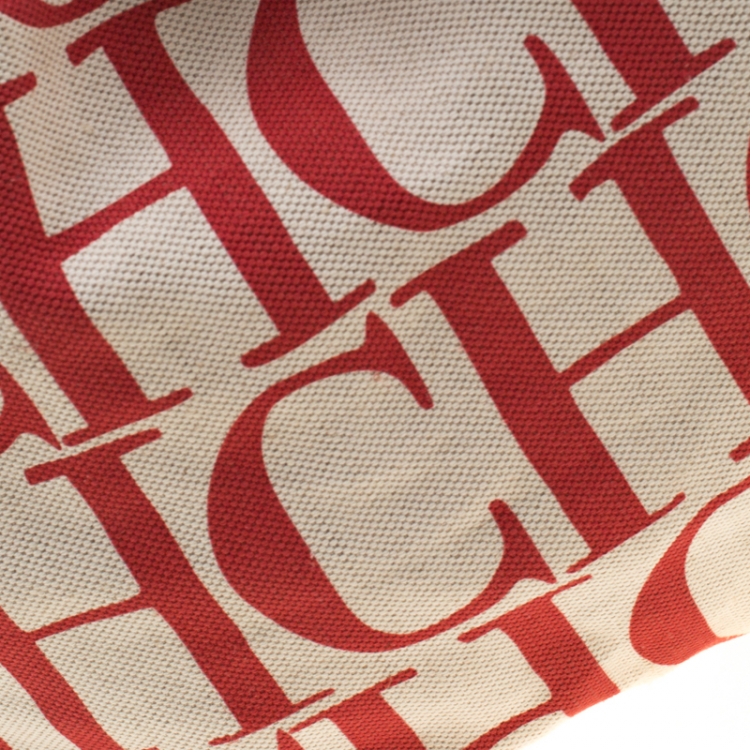 Pre Owned Carolina Herrera White/Red Canvas Bucket Chain Shoulder Bag