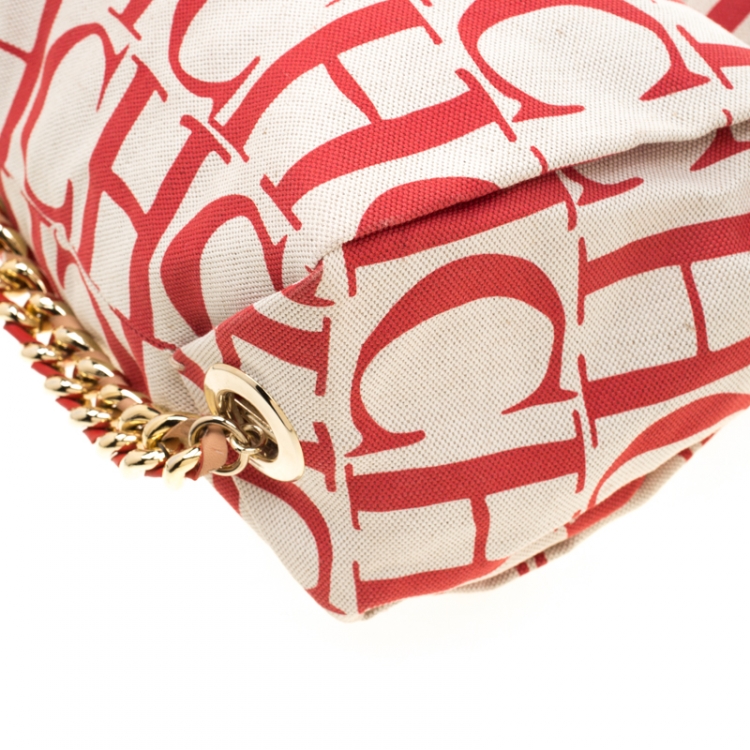 Pre Owned Carolina Herrera White/Red Canvas Bucket Chain Shoulder Bag