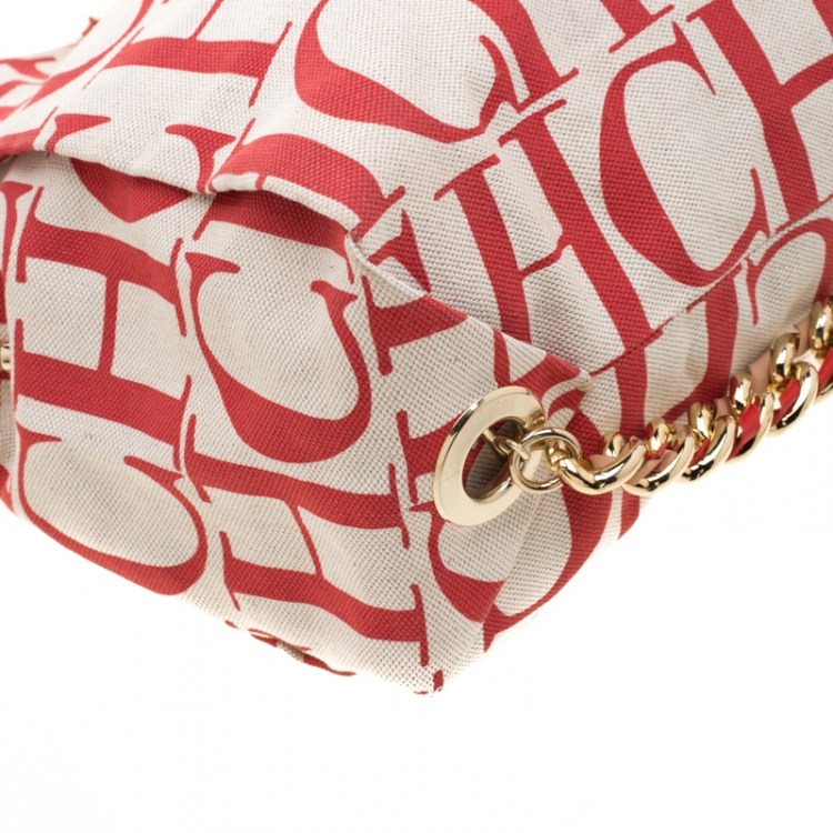 Pre Owned Carolina Herrera White/Red Canvas Bucket Chain Shoulder Bag