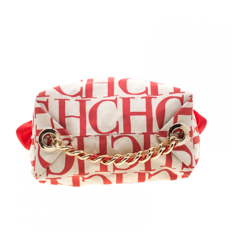 Pre Owned Carolina Herrera White/Red Canvas Bucket Chain Shoulder Bag