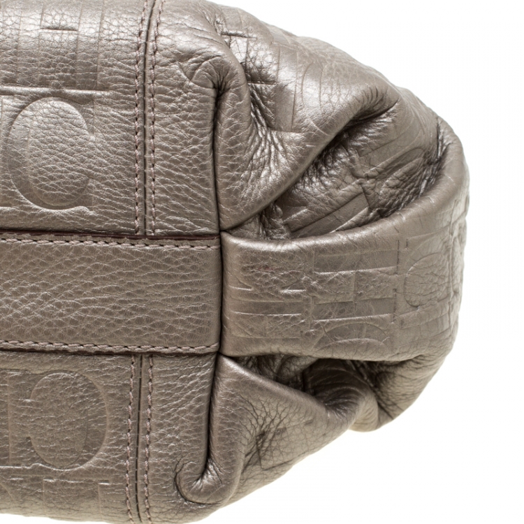 Pre Owned Carolina Herrera Metallic Beige Monogram Leather Poppy Tote