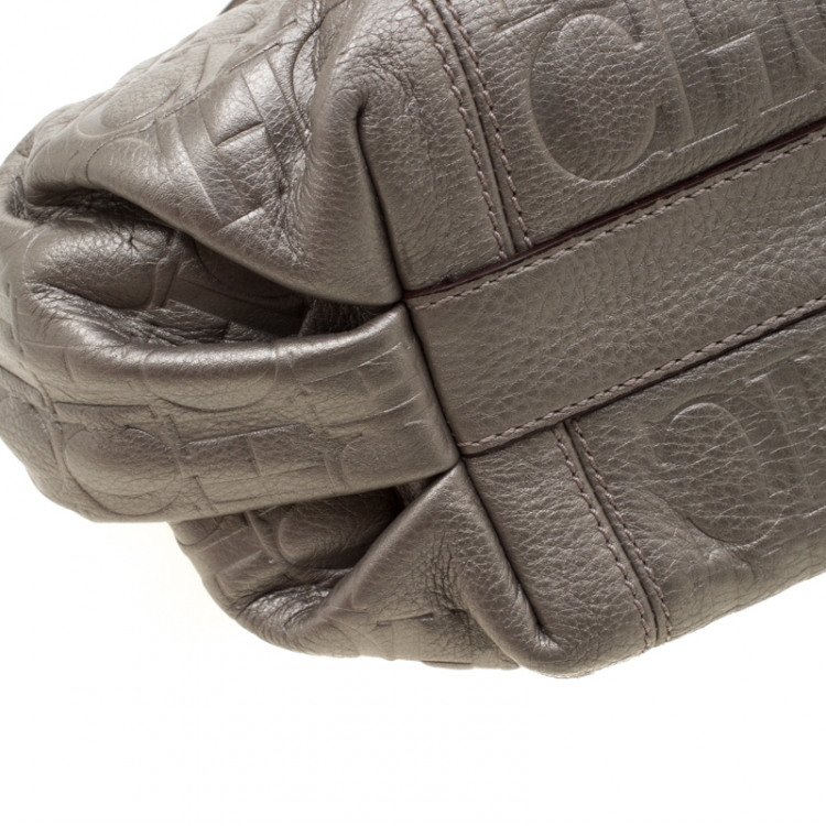 Pre Owned Carolina Herrera Metallic Beige Monogram Leather Poppy Tote