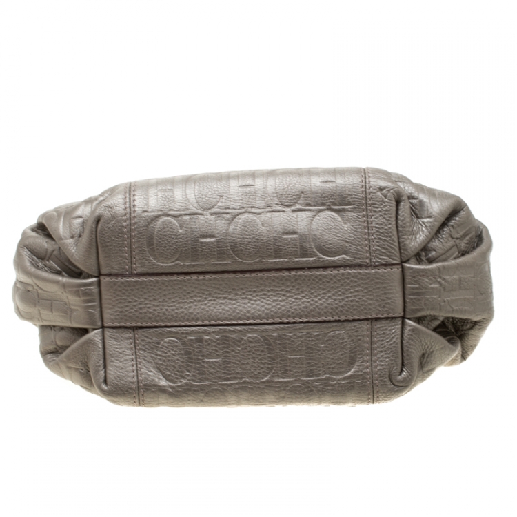 Pre Owned Carolina Herrera Metallic Beige Monogram Leather Poppy Tote