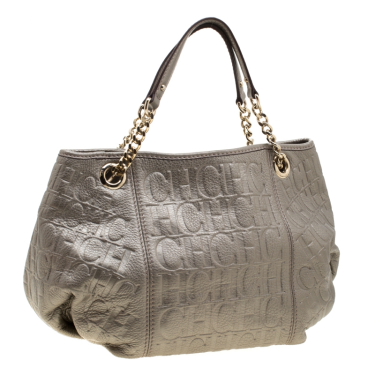 Pre Owned Carolina Herrera Metallic Beige Monogram Leather Poppy Tote