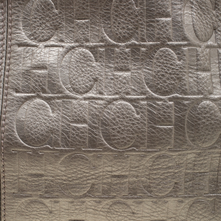 Pre Owned Carolina Herrera Metallic Beige Monogram Leather Poppy Tote