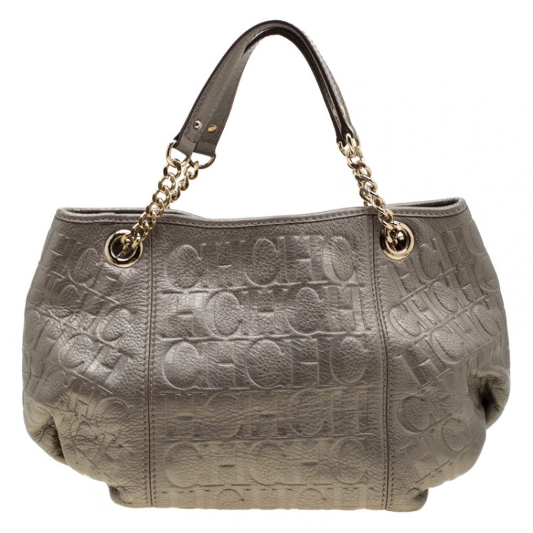 Pre Owned Carolina Herrera Metallic Beige Monogram Leather Poppy Tote