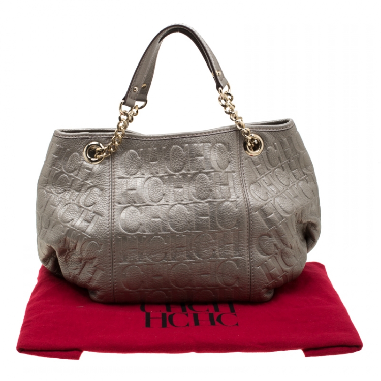 Pre Owned Carolina Herrera Metallic Beige Monogram Leather Poppy Tote