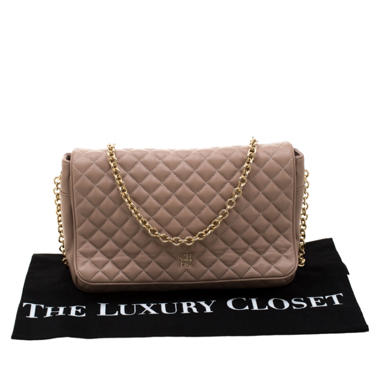 Pre Owned Carolina Herrera Beige Quilted Leather Flap Chain Shoulder Bag