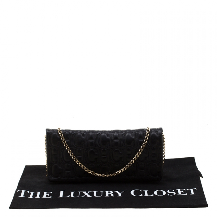 Pre Owned Carolina Herrera Black Monogram Leather Jerry Chain Clutch 
