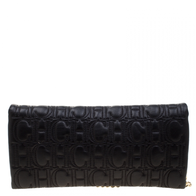 Pre Owned Carolina Herrera Black Monogram Leather Jerry Chain Clutch 