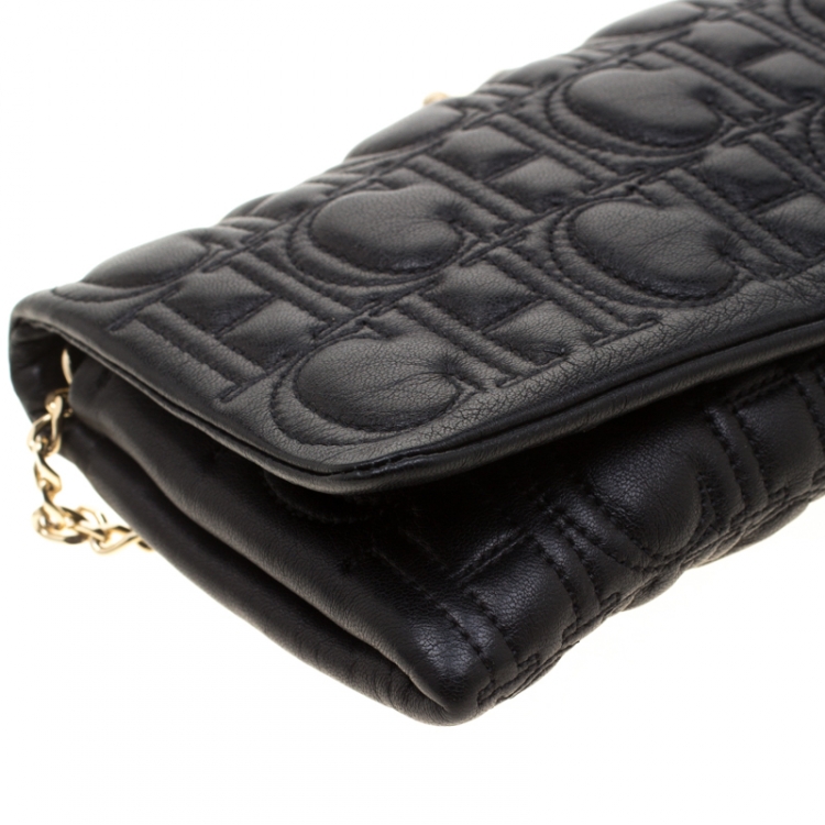 Pre Owned Carolina Herrera Black Monogram Leather Jerry Chain Clutch 