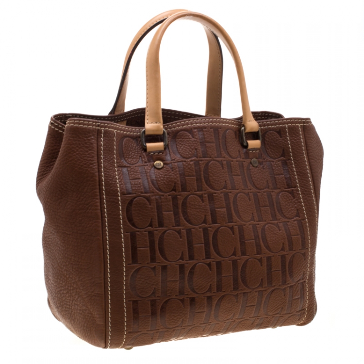 Pre Owned Carolina Herrera Brown Monogram Leather Andy Tote