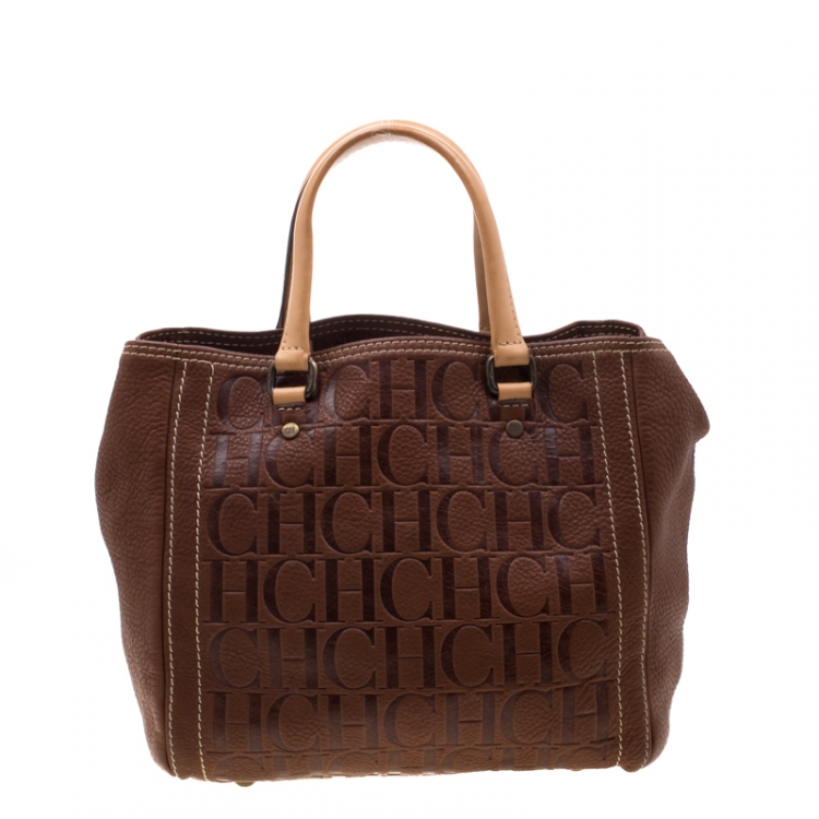 Pre Owned Carolina Herrera Brown Monogram Leather Andy Tote